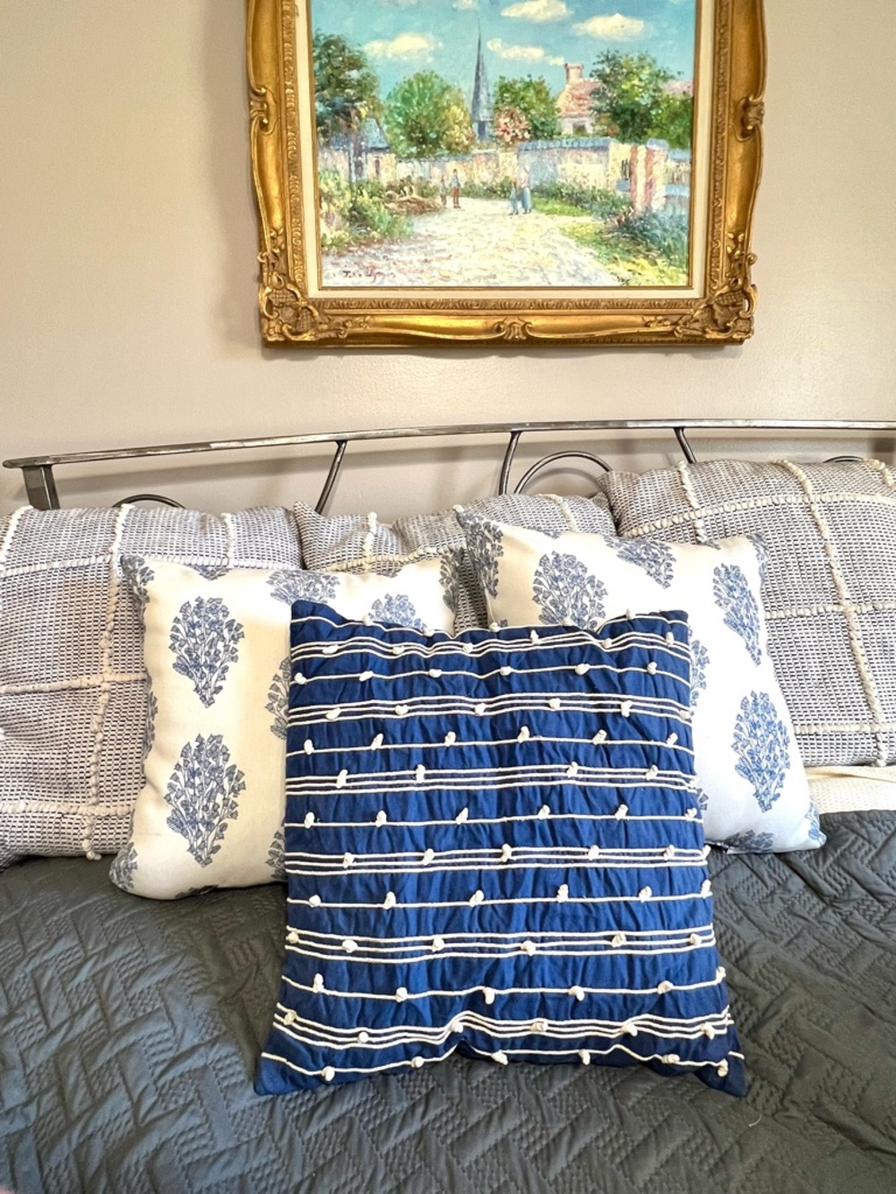 2 for 1 Blue Striped Decorative Throw Pillow Sham with Ivory Design Pillow